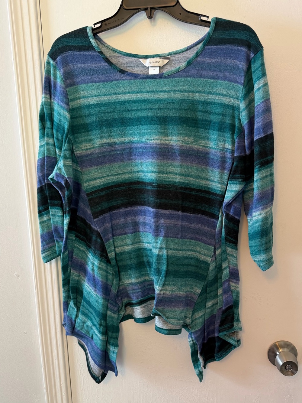 CJ Banks teal and blue striped sweater top
